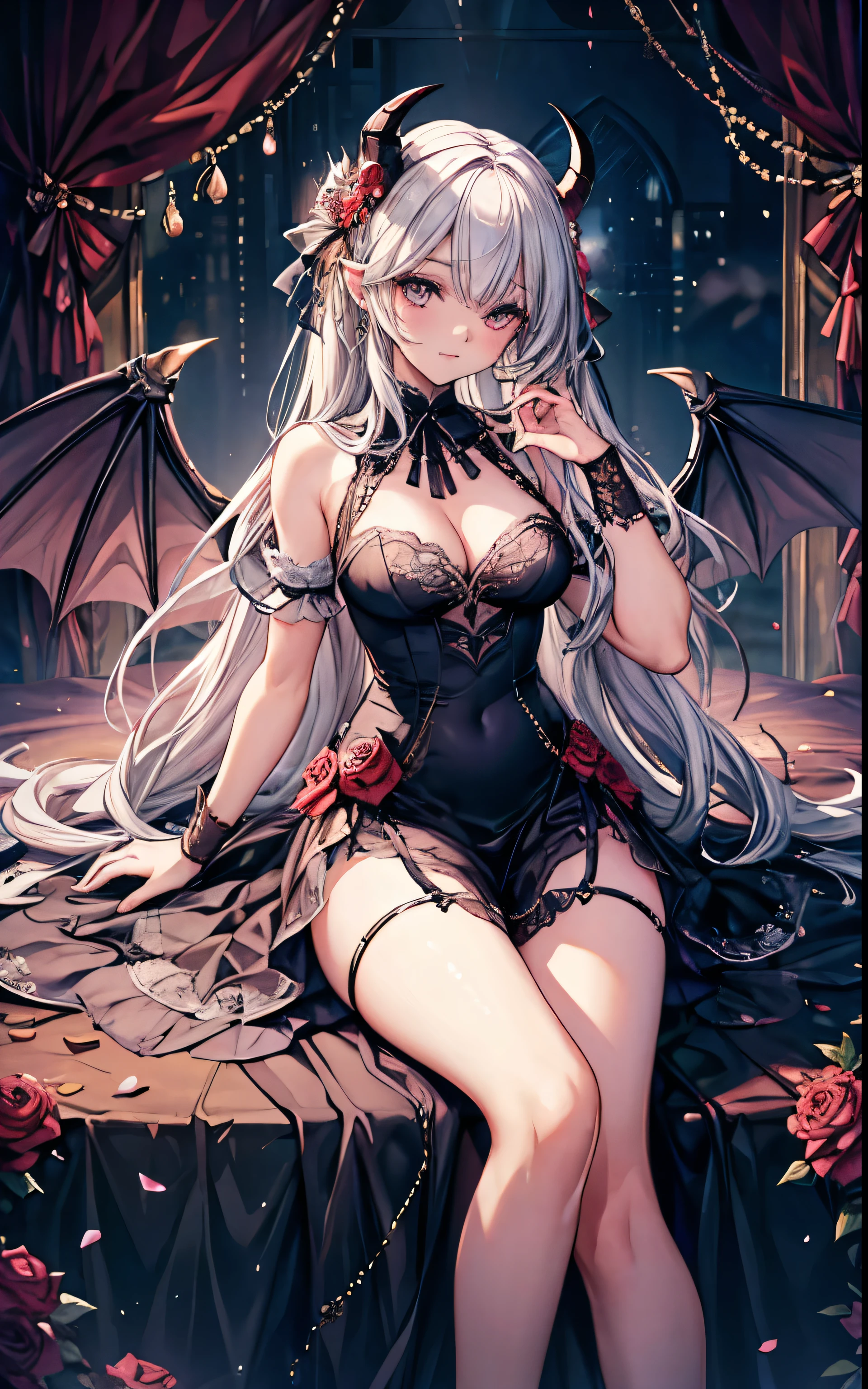 masterpiece, Highest quality, High resolution, sa1, Two beauties, Gorgeous dress, Sparkling eyes, Thighs, False eyelashes, Cute atmosphere, Straight hair, ribbon, Lots of roses,Goat horns、Bat Wings、Succubus