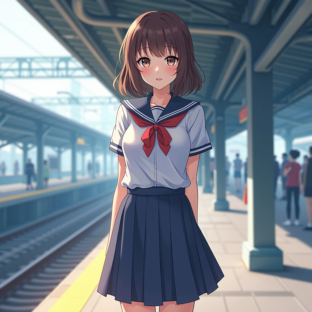 masterpiece, high school girl,Standing at the station,(Japanese Idols:1.4), Brown Hair, Plump breasts, Blushed, From below, (school uniform)