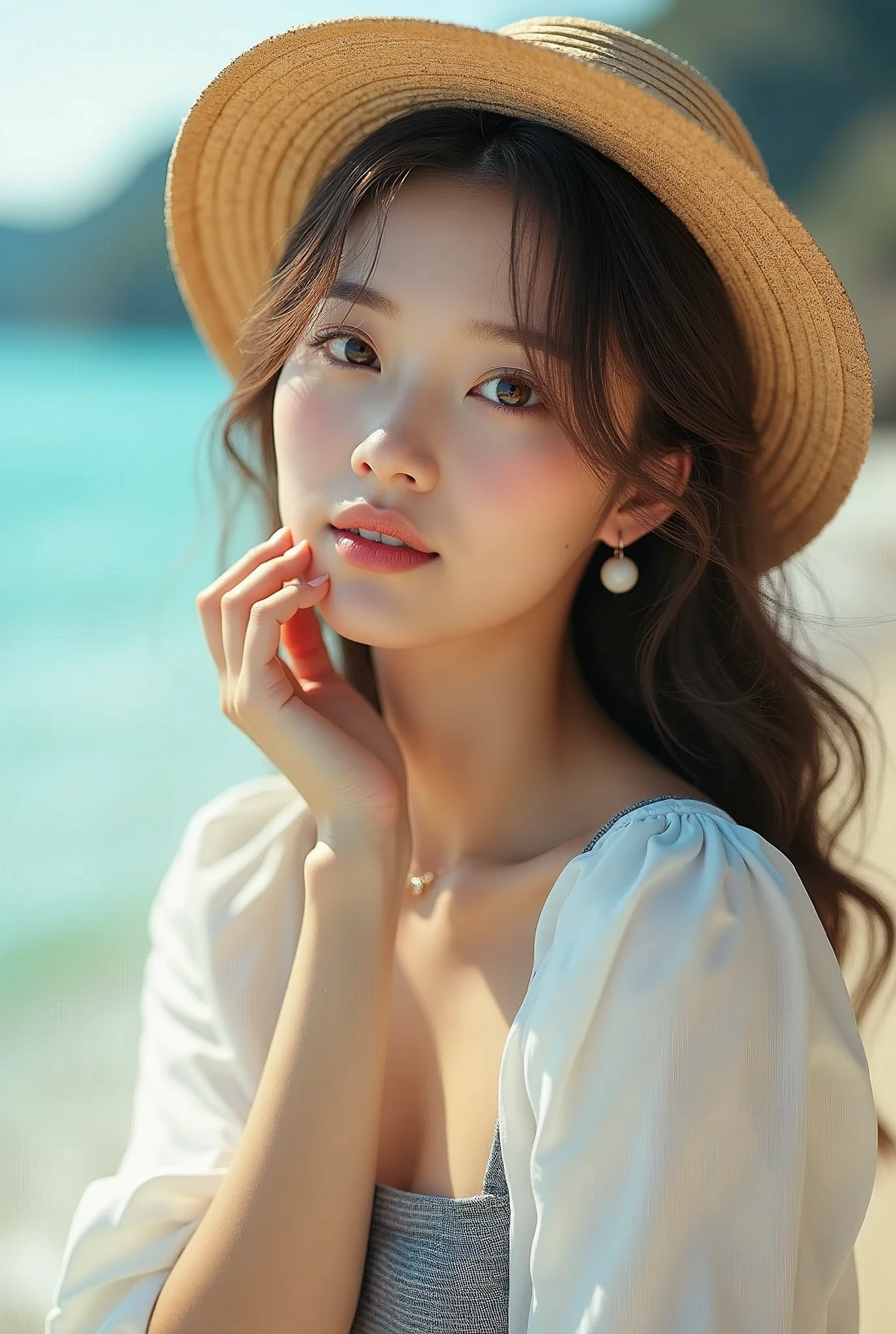 (masterpiece, 8k, best quality, RAW photo, photo realistic, ultra detailed), (insanely detailed and intricate:1.2), (beautiful Japanese girl), slender, 20yo, kawaii, cute, detailed face, detailed eyes, brown eyes, (thin eyebrow), detailed skin, (light brown hair), (wavy hair), (medium hair), blush, (small breasts), cleavage, (white cropped brause:1.4), (gray checked skirt), earrings, (necklace), bracelet, (looking at viewer:1.4), (close-up face:1.1), (seductive pose:1.2), (standing:1.2), (arm rest on chin), (wistful smile), (straw hat), BREAK (overlooking turquoise sea), (sunlight), (beach), (cowboy shot)