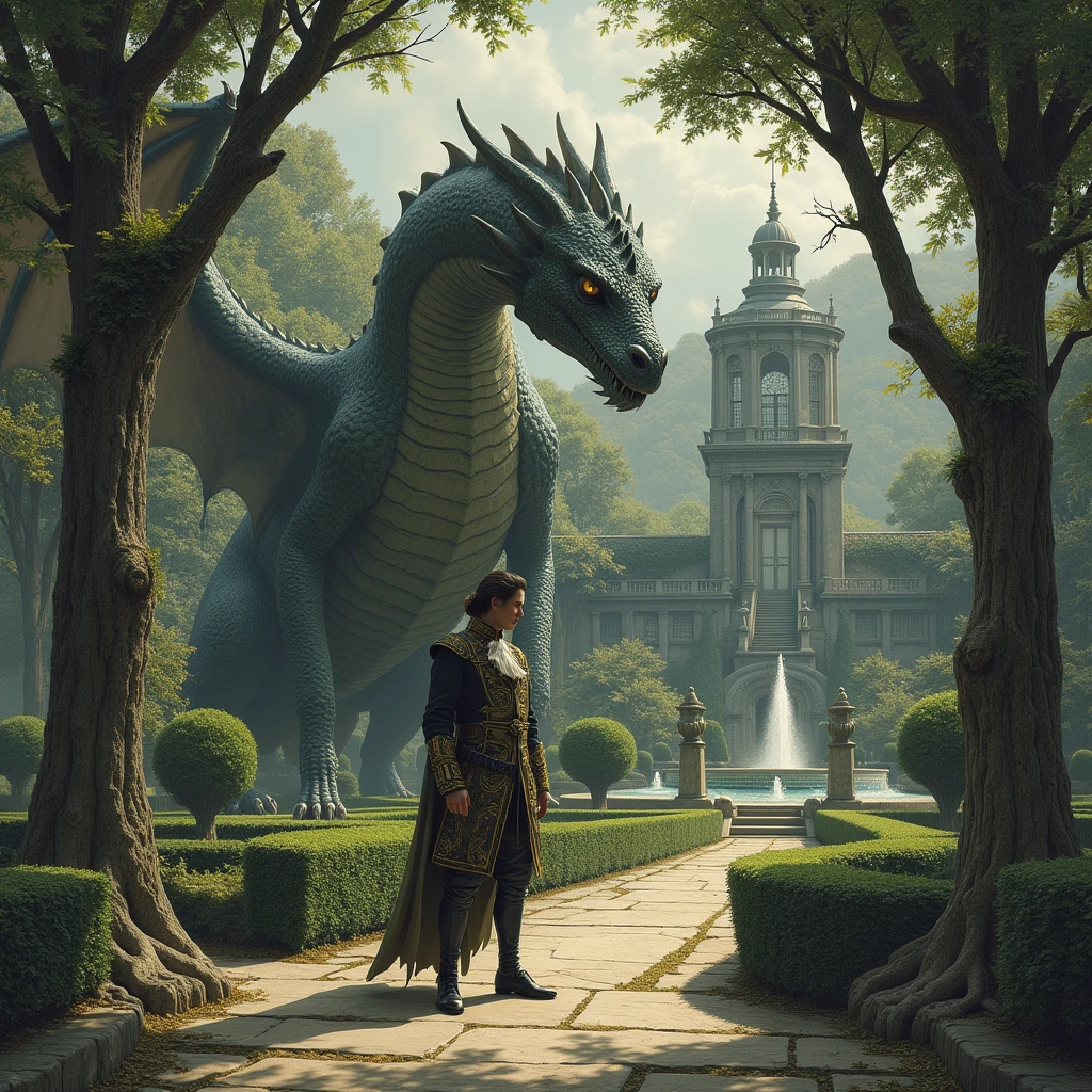 nobleman with a dragon in his palace garden, mystery atmosphere, engraving, 1700's