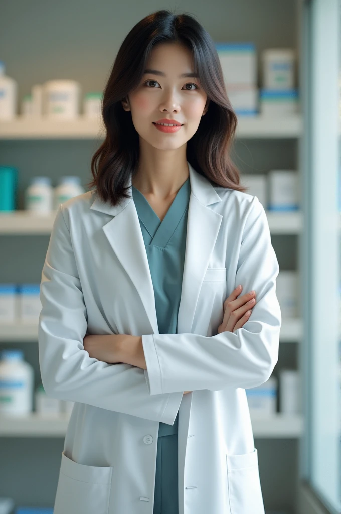 Portrait of a Vietnamese pharmacist with shoulder length hair standing talking looking straight ahead