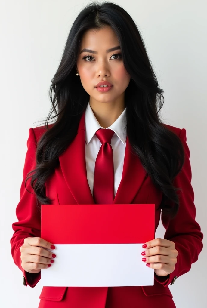 Portrait, beautiful woman, holding Indonesian flag, alpha female, shirt, blazer red, tie, elegant, focus camera, black hair, white background