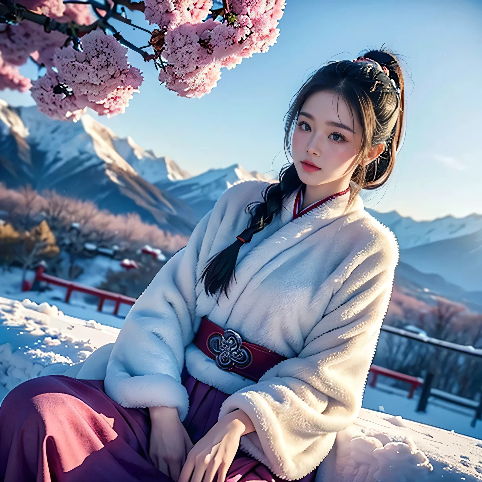 ancient wind,snow landscape,ChineseGirl,18yr old,closeup of face,Upper body only,Sitting in the snow and admiring plum blossoms,looking at viewert,Long ponytail hairstyle,By bangs,black color hair,blue color eyes,A plump chest,Gorgeous ancient costumes,warm fur cloak,red pattern,Red belt,simple accessories,close your mouth,elegant and charming,Calm and serious,heroic look,Ski slopes,beautiful plum blossoms,Plum blossoms are in full bloom,ancient fantasy,hyper realisitc,8K