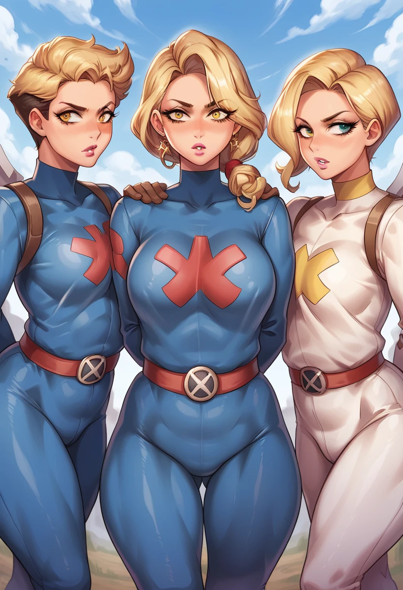 ((great detail)), (masterpiece), 3 girls, youths, posing together, firmly, blonde hair, yellow eyes, pink lips, White skin, dressed in white X-Men costumes, and a short coat of white fur, with small smiles, in the middle of a battlefield, at daytime, 4k, HD