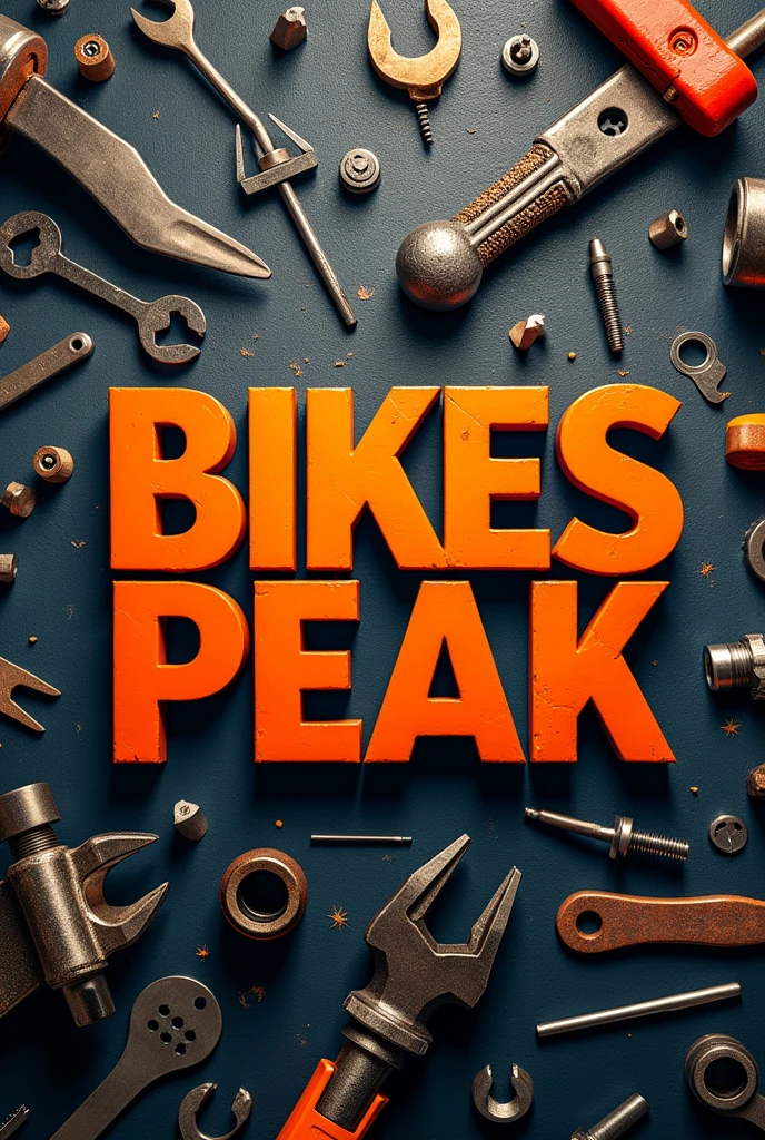 Very large orange Bikes Peak text, mechanic tool collage background