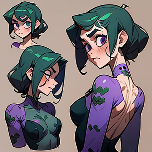 Teenage zombie girl, tall and muscular with greenish skin, black hair with long white streaks and curly style
Con una cara rectangular frente amplia con cejas pinladas busto mediano y caderas grandes y con cicatrices al rededor de la piel
Dressed in purple pin up erotic underwear
(((character sheet))) ((various views)) ((front and back) (Face detail) (full body)
