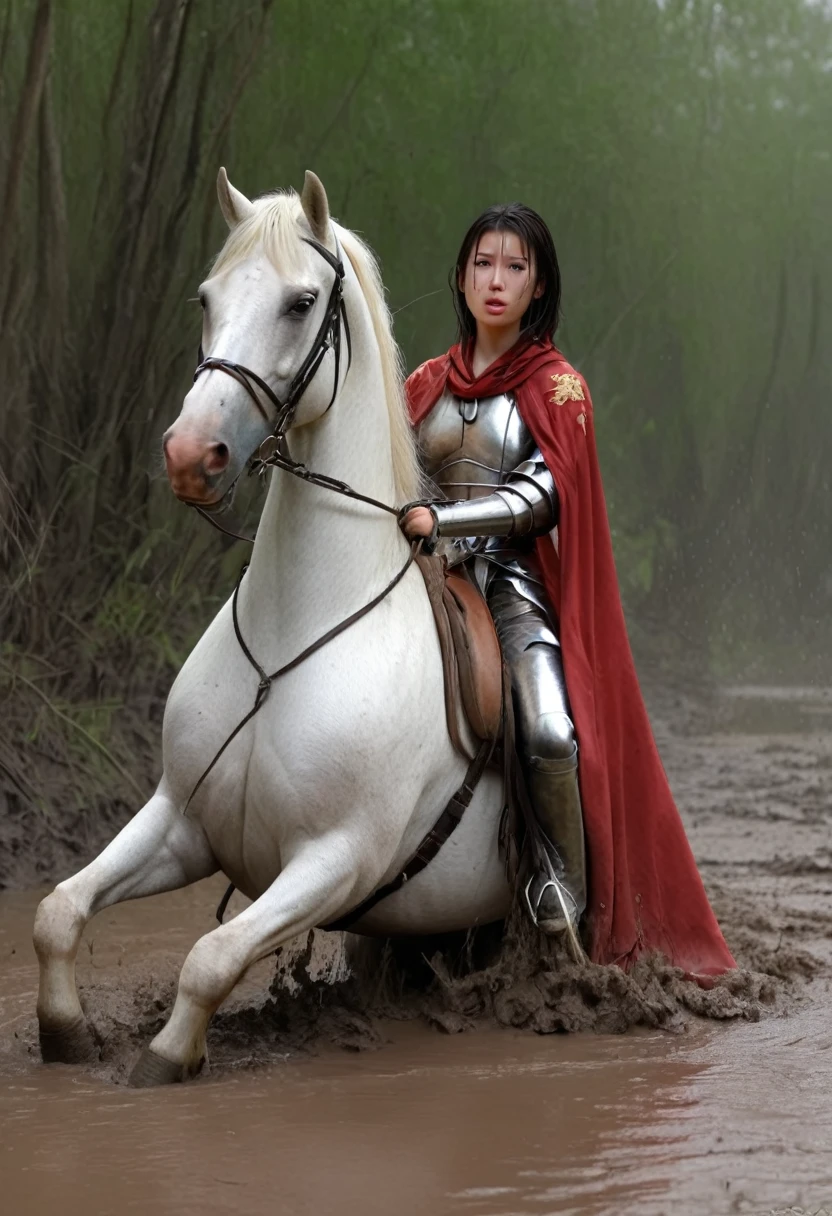 Apprentice Female Knight,Alayna uses her whip to encourage her horse, who is sinking into a hopeless swamp.,fantasy,beautiful womans and horses,Anatomically correct構図,stuck in mud,(((masterpiece))),(((Highest quality))),((Tabletop:1.4, Highest quality)), (Realな写真:1.4), in the muddy ,dirty swamp,black hair and white horse ridden by girl meet with an accident that it fall over sticky swamp,
((3 cute girl knight)),rodeo,horse standing,Surprised face,stumble,aggressive,slouch,horse standing, prancing horse in pitfall,cute,Napoléon horse sliped in pitfall,in the pitfall,Uplifting,Knight Princess,
(超High resolution:1.2),, wonderful, Very detailed CG Unity 8k wallpaper, Very detailed, High resolution,fat horse ridden by japanese girl,Double,Light crimson and gold cloak,My beloved horse is submerged in a swamp,Mud Splash,
Soft Light, Woman riding a beautiful detailed horse, Droopy eyes,Very detailedな目と顔, Beautiful and exquisite nose, Beautiful and exquisite, horse ridden by a girl can't stand up because its drowned in the sticky muddy pitfall:10.0 ,Displeased face:4.0,Real,Stir,Anatomically correct,action horse riding scene while struggle fighting