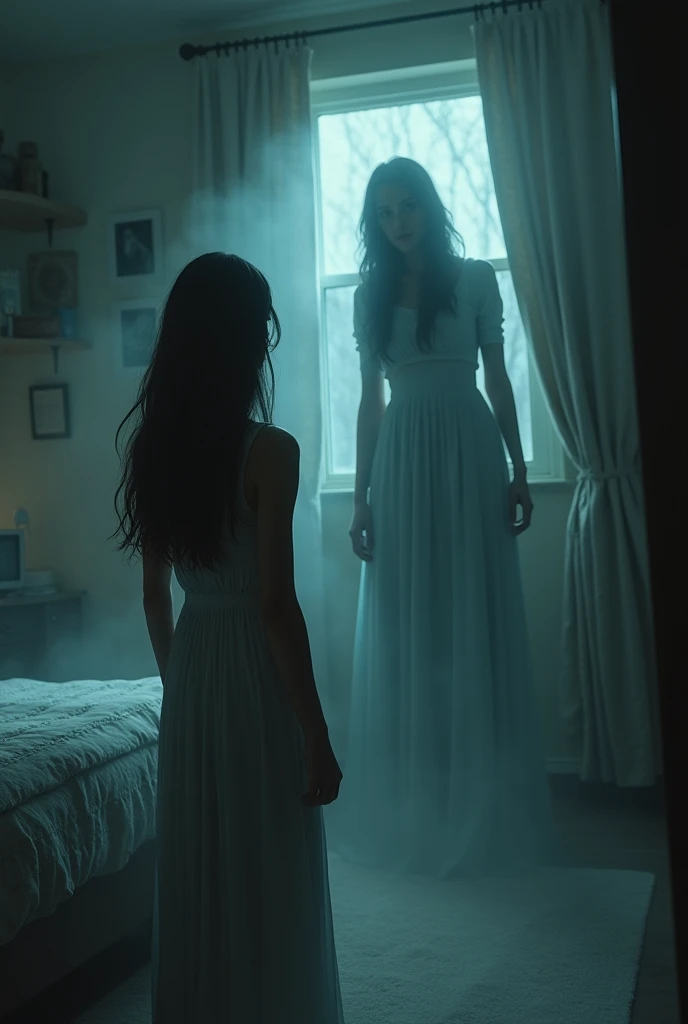 Jennifer with long hair and wearing maxci confronting a ghostly figure in her room. The ghost is ethereal and menacing, with a dark aura. The scene is filled with tension and fear."animation form