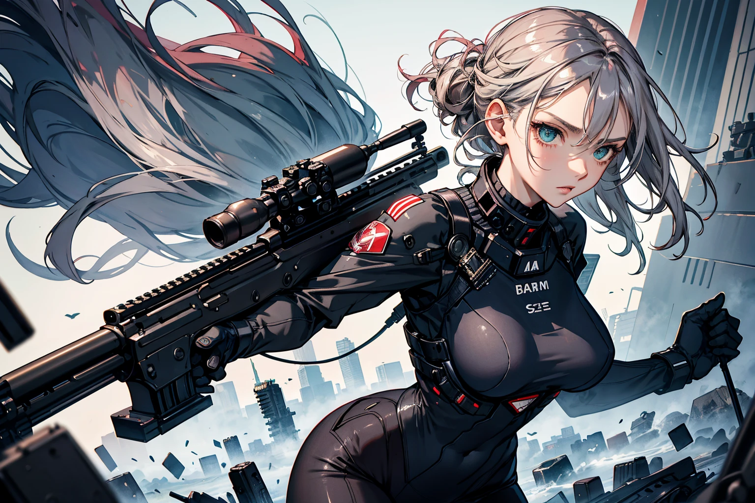best quality,masterpiece,ultra detailed,Add layer,detailed eyes,slim,skinny,slim legs,(small hips),(solo),
,(huge breasts:1.3),
(hair over eyes),((chignon)),short hair,dark gray hair,wavy hair,silky hair,
green eyes,((droopy eyes)),
cherry pink lip,
BREAK,
Girl shooting automatic rifle, (looks into sight), finely drawn automatic rifle, bulletproof suit, (turn towards the viewer), syncs body orientation and gaze, dynamic angle, serious expression, battle, war,calm and serious expression,