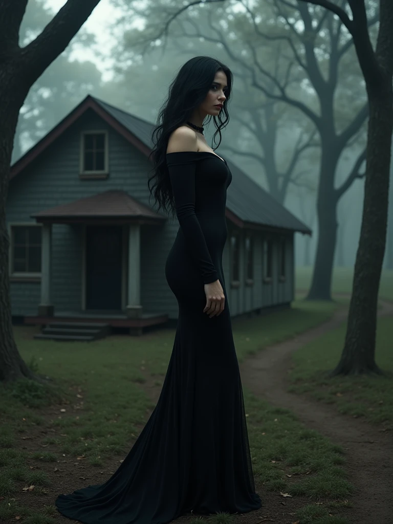 An extremely photographic image of a woman with black hair and a black dress, she is in front of a house in the middle of a dense and dark forest, full body shot, Lilith, 32K, ultra realistic, hourglass shaped body, cinematic lighting, romance