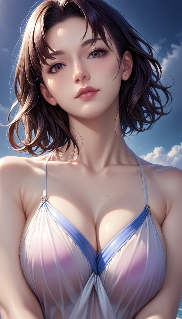 score_9, score_8_superior, score_7_superior, High resolution 3D anime style,A masterpiece in 32K resolution,Highest quality,it is really amazing,Very detailed,Ultra-high resolution,Ultra-realistic,Realistic,Increased depth of field,Cinematic lighting,
(Sexy mature Japan woman:1.2),
(black straight medium hair:1.1),(Ultra-detailed and beautiful face:1.1),(Calm and gentle look:1.1),Beautiful brown eyes,Translucent white skin,Realistic skin texture,Great proportions,
Elegant swimwear,
Summery design,Chic color scheme,Beautiful and delicate decoration,Detailed fabric texture,
(Dark overcast sky on a dull night:1.1),(Dark clouds filling the sky:1),(Thundercloud:1),Coastline at night,Stormy seas,(delay々A desolate sandy beach that continues:1),
(Full body photo:1.1),(Dramatic Angle:1.1),