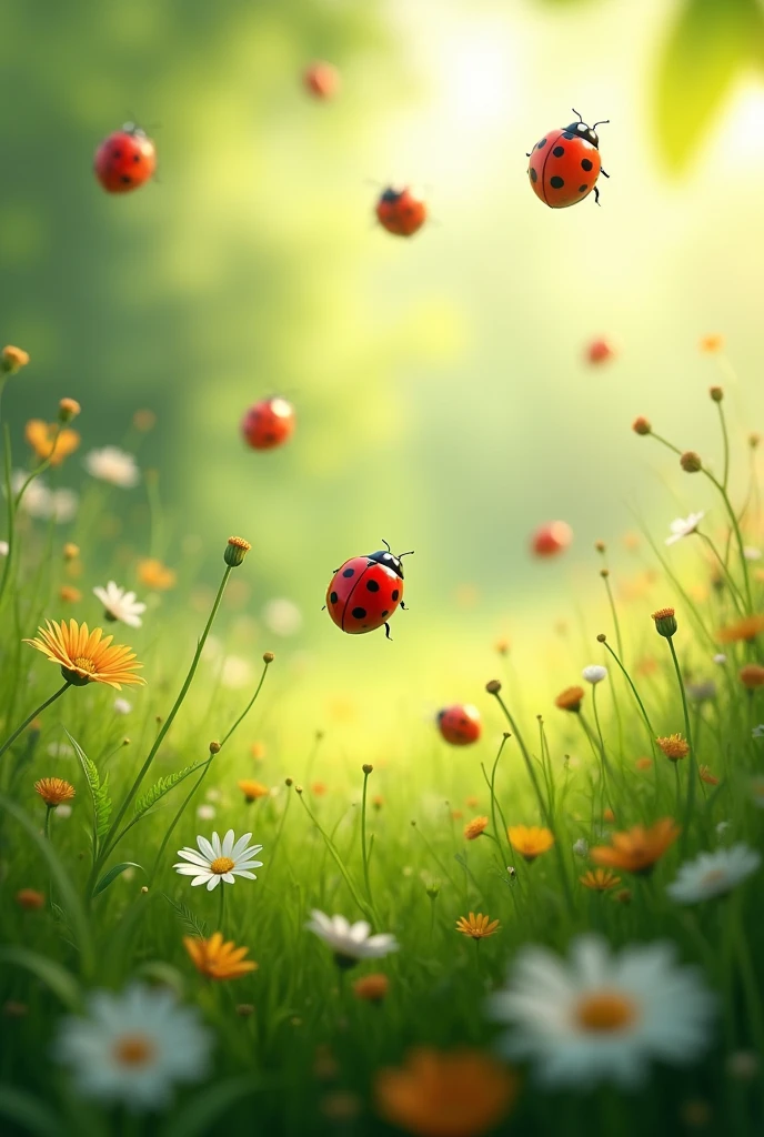In a lush green meadows flying a group of lady bugs