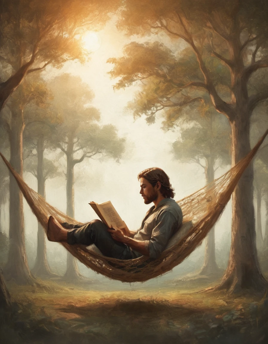 Hyperreal digital art style, "Fairytale", fantasy world coming out of centered book, open book, hyperdetailed double exposure fantasy illustration, masterpiece, cinematic, by Andreas Lie, Luke Gram, photorealism, backlit, gorgeous light, a man with long hair resting in a hammock reading a book