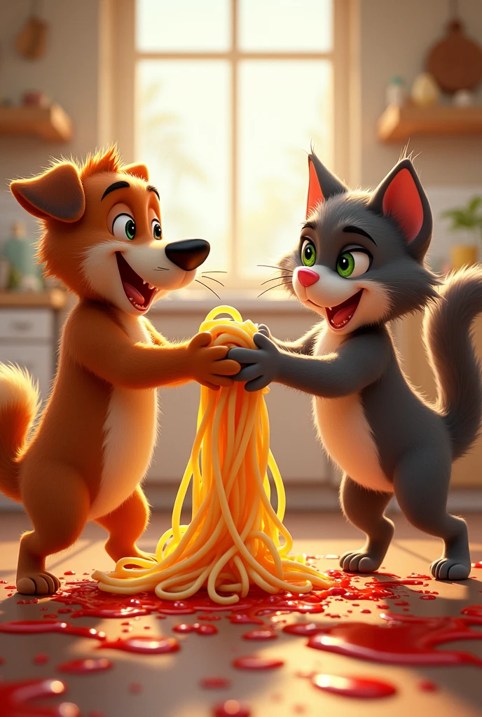 Max and Whiskers are in the midst of their tug-of-war. Max is pulling on one end of the noodle with a playful bark, while Whiskers, gripping the other end with her claws, has a look of fierce determination. The noodle is stretched dramatically between them, and spaghetti sauce is beginning to splatter around the kitchen.
  