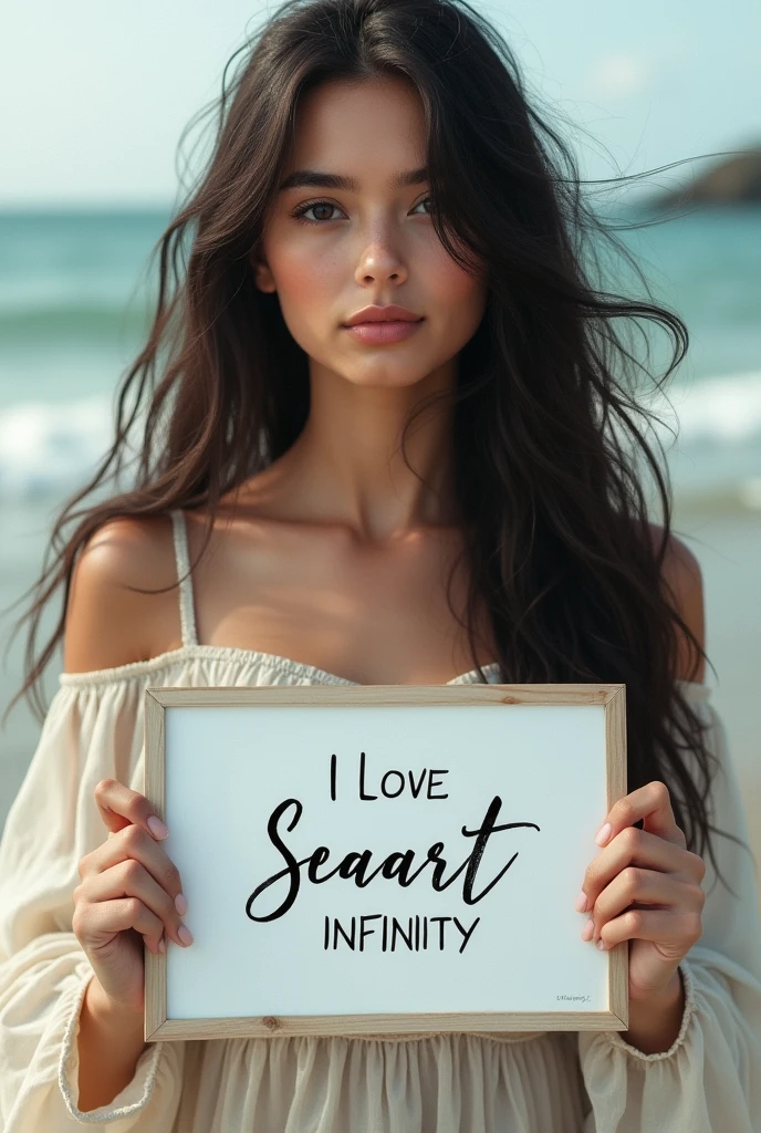Beautiful girl with wavy long hair, bohemian dress, holding a white board with text "I Love Seaart Infinity" and showing it to the viewer