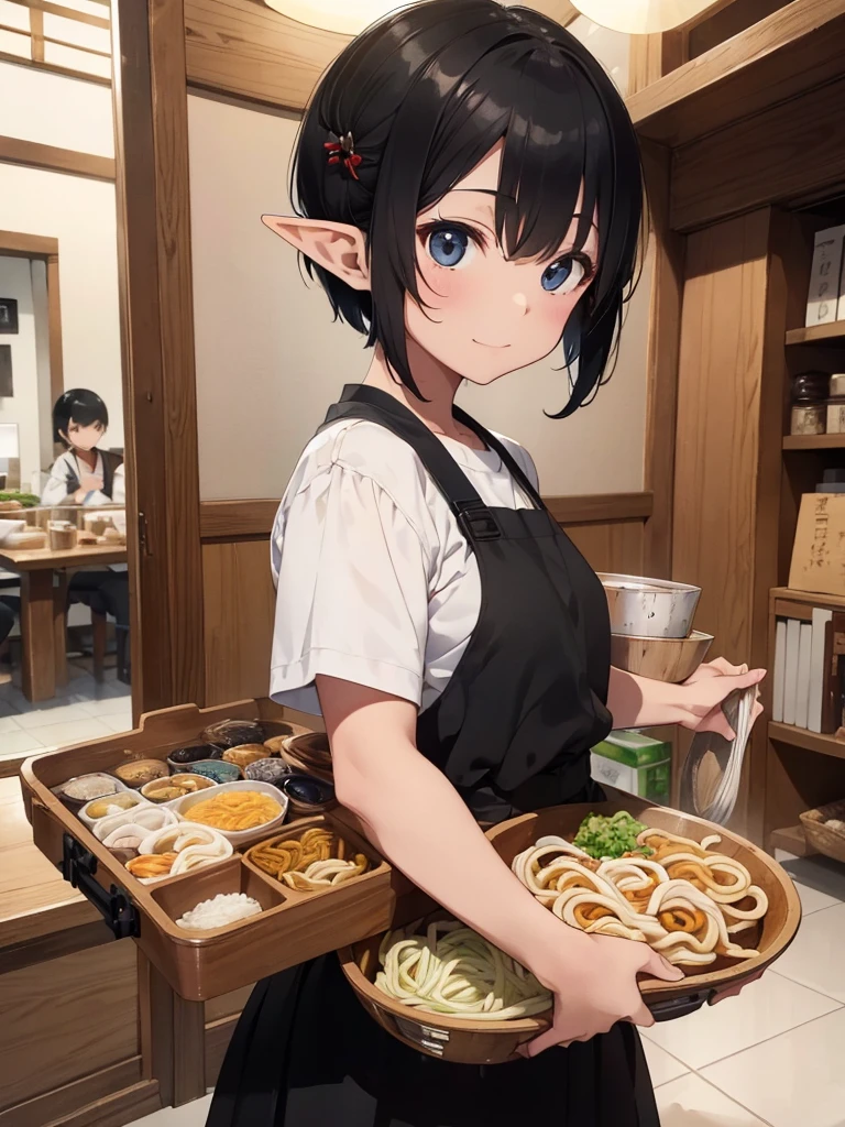 High resolution, 8K Ultra HD, ((Ink and painting)), Inside the soba restaurant. An elf carrying a tray of wide udon noodles. There is nothing in the colander except for white udon noodles.. Short black hair elf, (((Very short hairstyle))), is nervous, A small smile, (((whole body)))