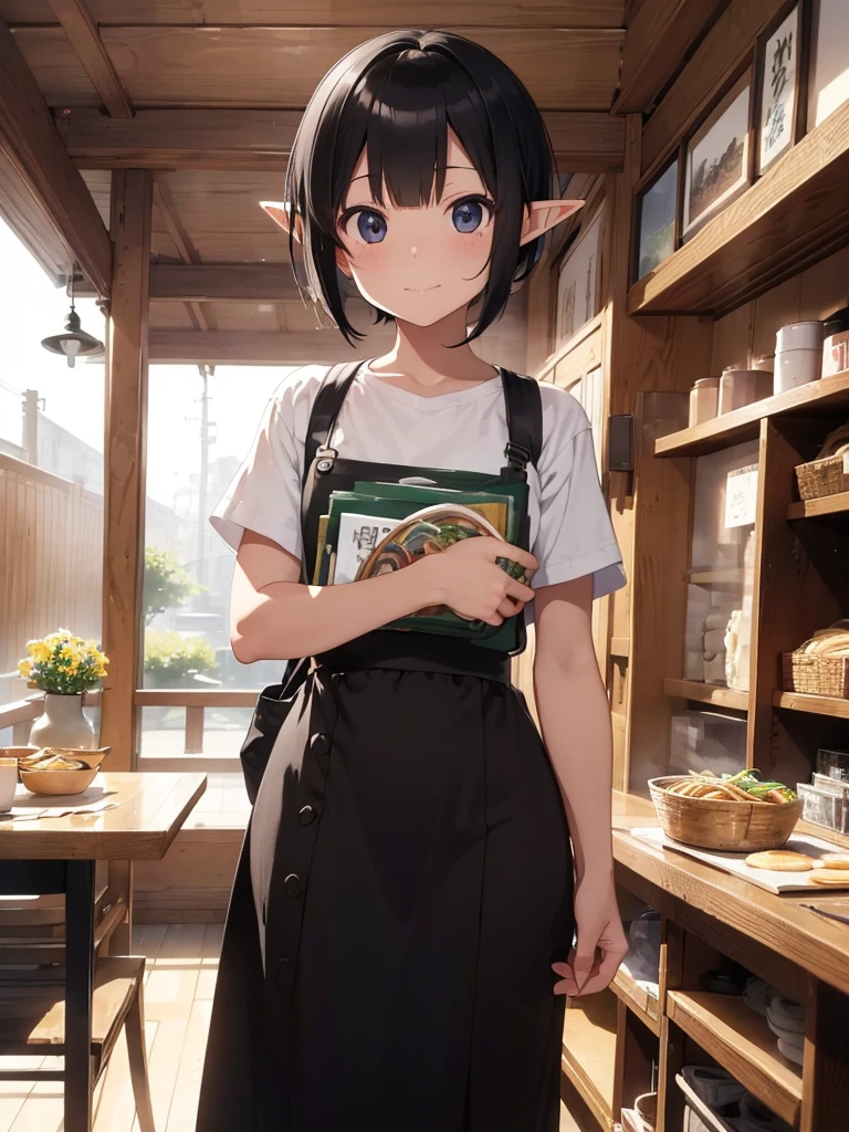High resolution, 8K Ultra HD, ((Ink and painting)), Inside the soba restaurant. An elf carrying a tray of wide udon noodles. There is nothing in the colander except for white udon noodles.. Short black hair elf, (((Very short hairstyle))), is nervous, A small smile, (((whole body)))