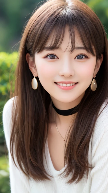 Realistic painting、Best image quality、cute日本の、Beautiful Japan、19 years old, alone、Highly detailed faceと肌の質感、sophistication、Highly detailed face、beautiful girl、Long Hair、With bangs、cute、Glossy Lips、Open your mouth a little、perfection、最高級のbeautiful girl、head band、cute、Sparkling eyes、An even cuter face、Stylish choker、Beautiful earrings、Translucent white skin、Exposed soft skin、For a smaller face、smile、Sparkling eyes、特別なbeautiful girl、唯一無二のbeautiful girl、Bright expression、refreshing personality、Transparency、Sparkling eyes、Clear white skin、