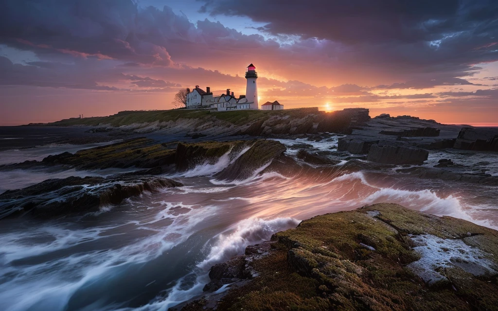 a close up of a lighthouse on a rocky shore with waves, author：Rob Alexander, Rhode Island, author：Derek Zablocki, author：Jason Felix, breathtaking composition, Scenery photography, author Jason A. Engel, author：Alexander Robertson, lighthouse, lighthouse, author：Brian Thomas, author：Edwin Georgi, Long exposure photography, HDR Photography, dramatic morning light, author：Chris Cold