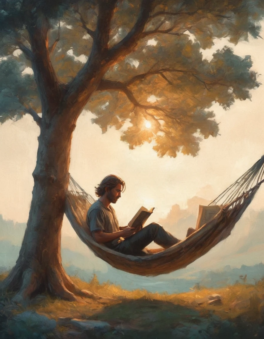 Hyperreal digital art style, "Fairytale", fantasy world coming out of centered book, open book, hyperdetailed double exposure fantasy illustration, masterpiece, cinematic, by Andreas Lie, Luke Gram, photorealism, backlit, gorgeous light, a man with long hair resting in a hammock reading a book
