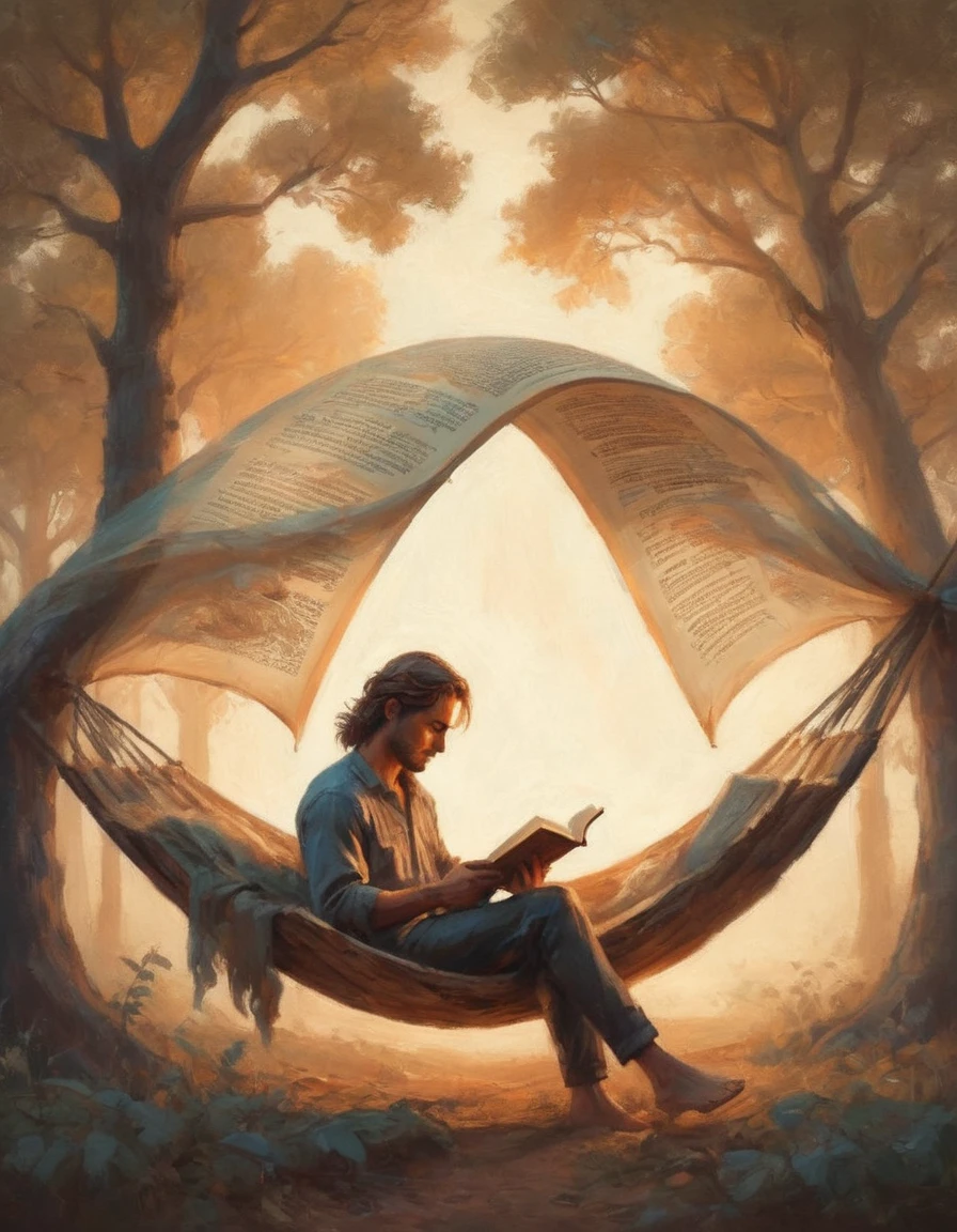 Hyperreal digital art style, "Fairytale", fantasy world coming out of centered book, open book, hyperdetailed double exposure fantasy illustration, masterpiece, cinematic, by Andreas Lie, Luke Gram, photorealism, backlit, gorgeous light, a man with long hair resting in a hammock reading a book
