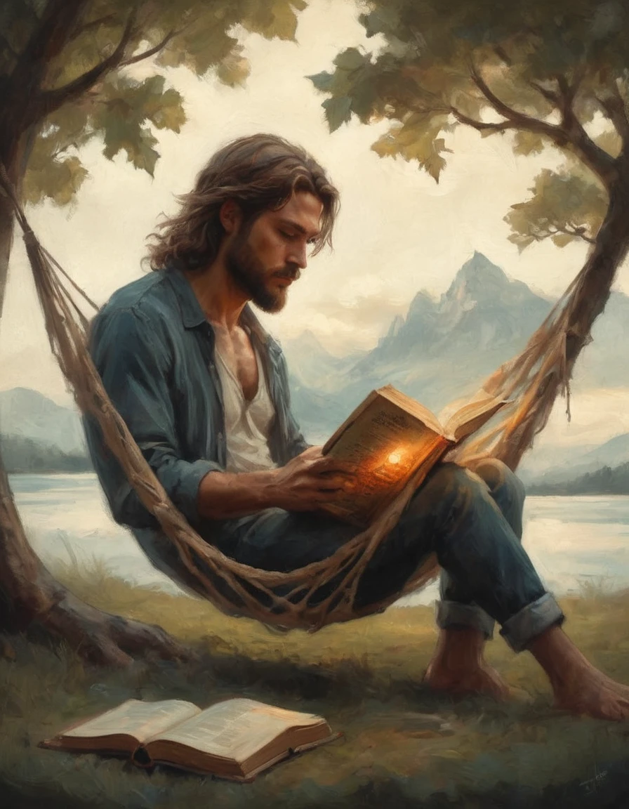 Hyperreal digital art style, "Fairytale", fantasy world coming out of centered book, open book, hyperdetailed double exposure fantasy illustration, masterpiece, cinematic, by Andreas Lie, Luke Gram, photorealism, backlit, gorgeous light, a man with long hair resting in a hammock reading a book