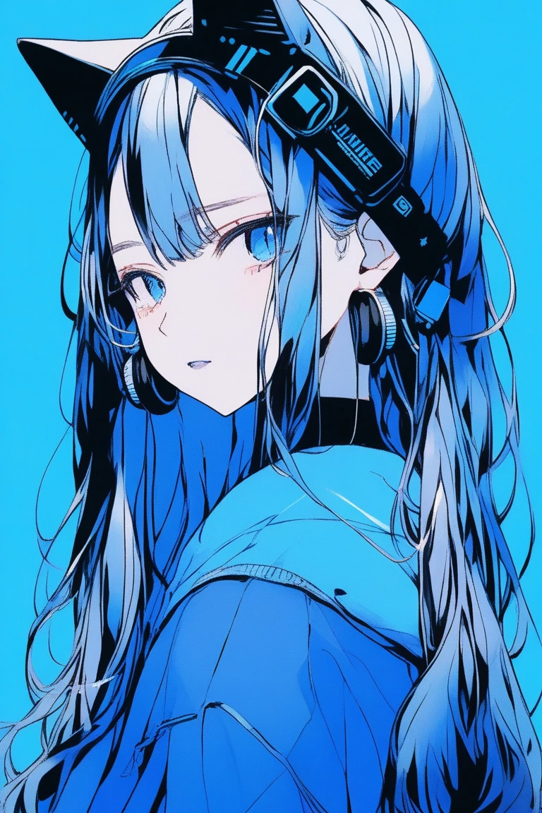 ((masterpiece,Highest quality)), 8k, anime , Realistic ,sketch, anime風のポートレート, (((黒猫を連れたanimeの女性))), 20-year-old, Blue gradient background, Off-the-shoulder knit, Neon long twin tail hair, lip,, Wear headphones, Texture Trim, Canadian, Upper Body, (masterpiece,Highest quality)