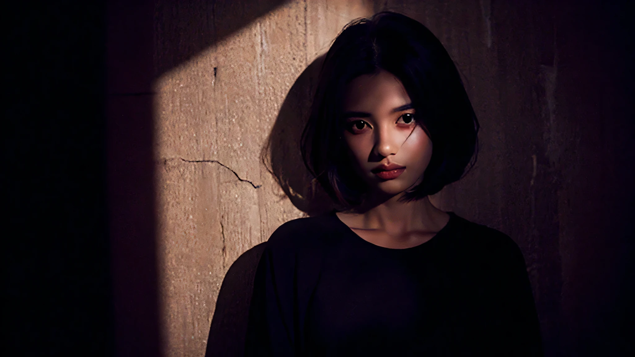 1 girl ,black hair,in the dark, medium shadow black clothing