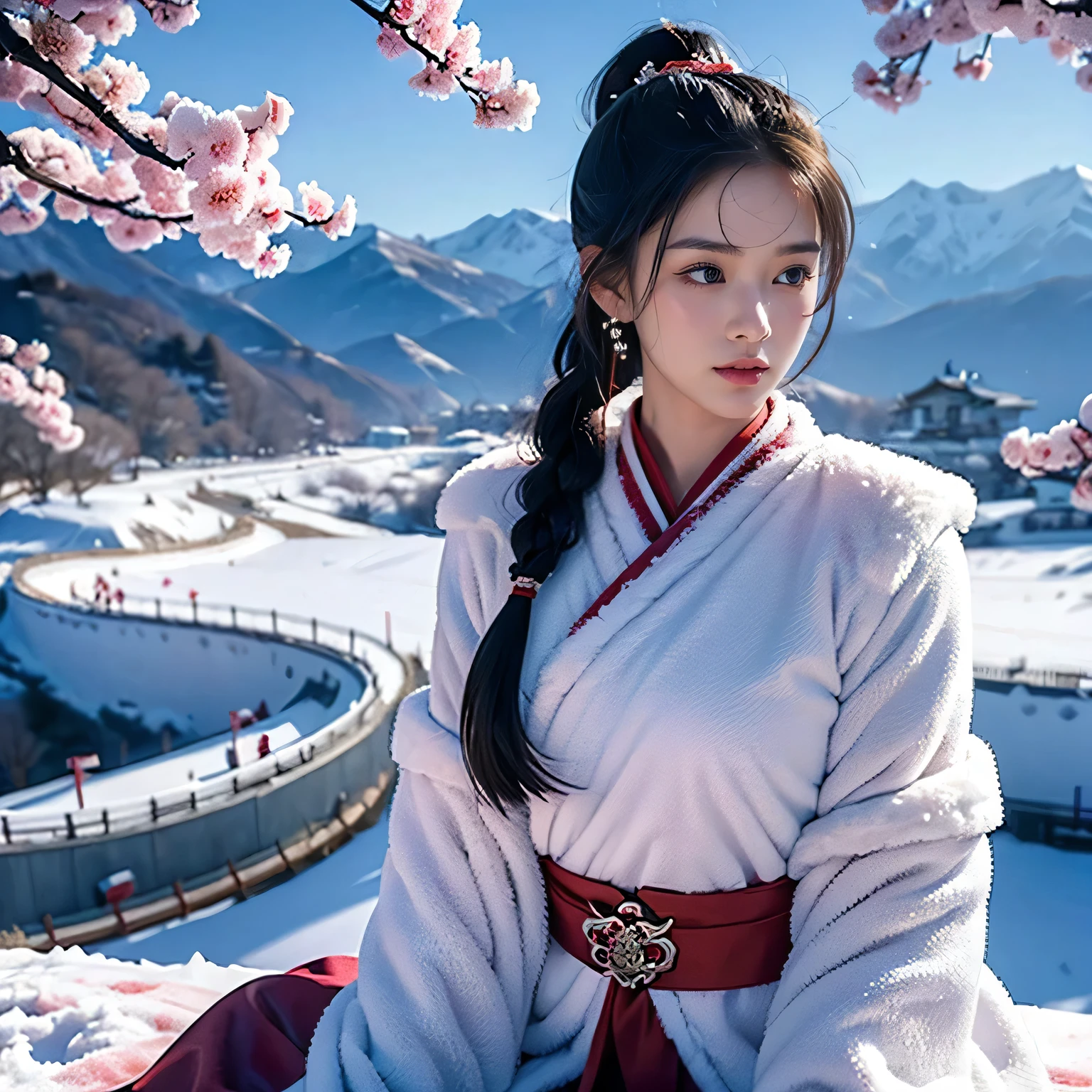ancient wind,snow landscape,ChineseGirl,18yr old,closeup of face,Upper body only,Sitting in the snow and admiring plum blossoms,looking at viewert,Long ponytail hairstyle,By bangs,black color hair,blue color eyes,A plump chest,Gorgeous ancient costumes,warm fur cloak,red pattern,Red belt,simple accessories,close your mouth,elegant and charming,Calm and serious,heroic look,Ski slopes,beautiful plum blossoms,Plum blossoms are in full bloom,ancient fantasy,hyper realisitc,8K