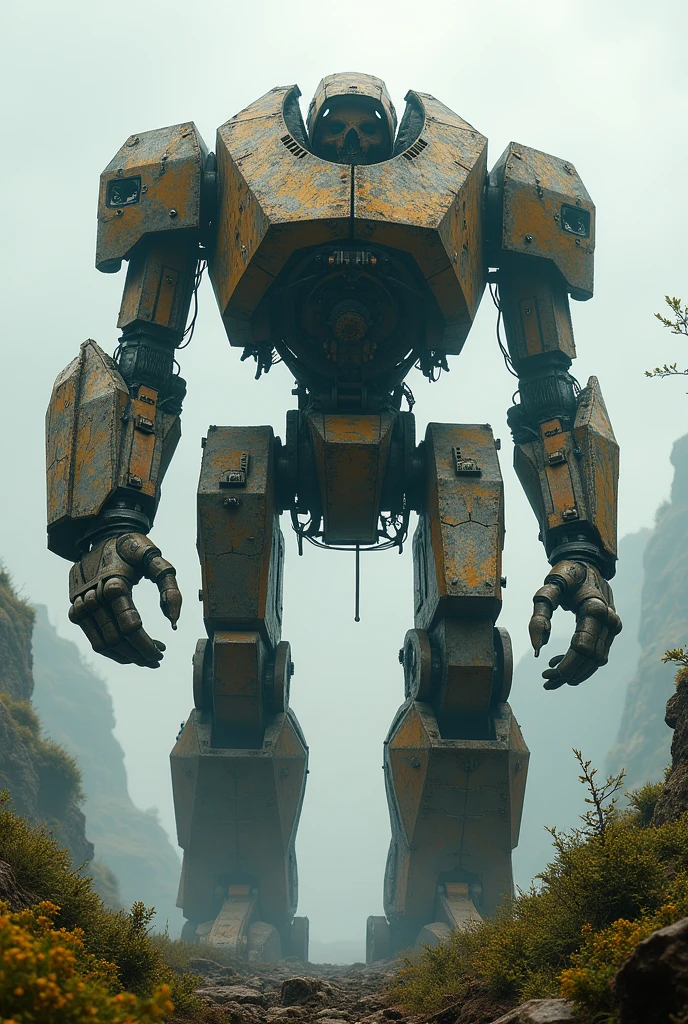 Huge mechanical soldier of a very ancient civilization, broken and still moving, rust, moss, cracks,