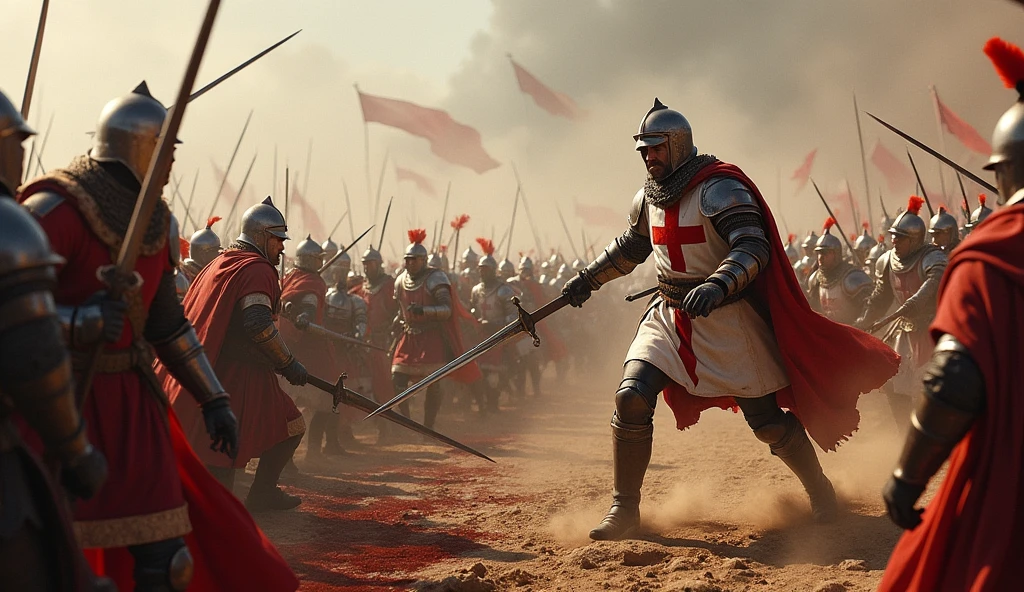 A brutal battle scene between the Crusaders, resembling the knight in the image, and the Roman army. The Crusaders, clad in white tunics with red crosses, wearing steel helmets and armor, engage in fierce combat against the Roman soldiers. The battlefield is chaotic, with swords clashing and blood spilling. Crusaders and Romans alike fight with intensity, surrounded by the bodies of fallen soldiers. The atmosphere is tense and filled with the sounds of war, with dust and smoke rising from the ground. The Crusaders, with their distinct cross symbols, are locked in a deadly struggle against their Roman adversaries.