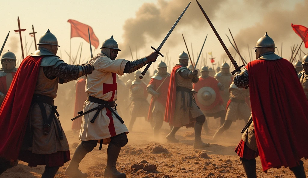 A brutal battle scene between the Crusaders, resembling the knight in the image, and the Roman army. The Crusaders, clad in white tunics with red crosses, wearing steel helmets and armor, engage in fierce combat against the Roman soldiers. The battlefield is chaotic, with swords clashing and blood spilling. Crusaders and Romans alike fight with intensity, surrounded by the bodies of fallen soldiers. The atmosphere is tense and filled with the sounds of war, with dust and smoke rising from the ground. The Crusaders, with their distinct cross symbols, are locked in a deadly struggle against their Roman adversaries.
