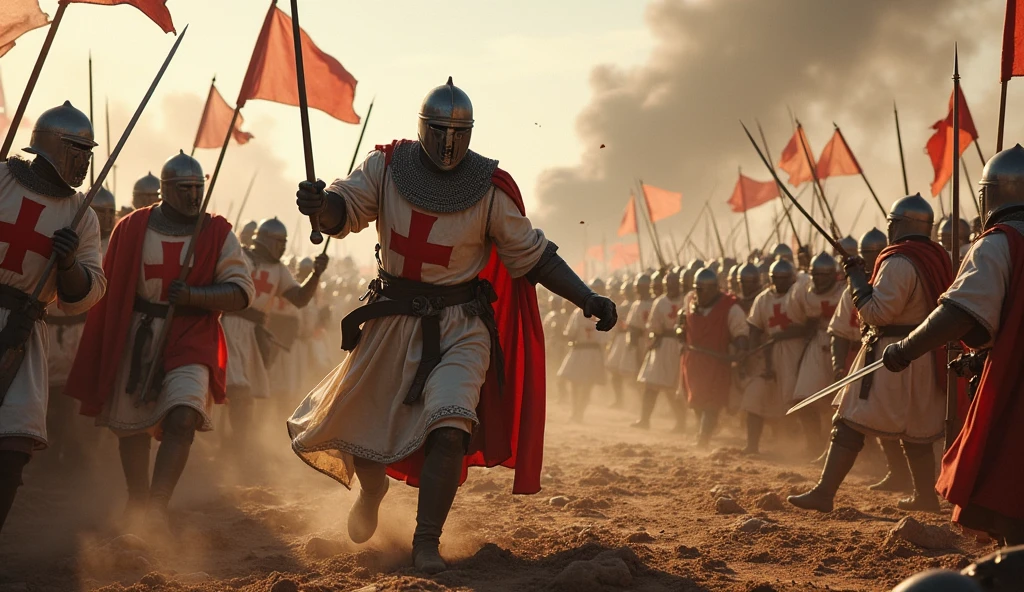 A brutal battle scene between the Crusaders, resembling the knight in the image, and the Roman army. The Crusaders, clad in white tunics with red crosses, wearing steel helmets and armor, engage in fierce combat against the Roman soldiers. The battlefield is chaotic, with swords clashing and blood spilling. Crusaders and Romans alike fight with intensity, surrounded by the bodies of fallen soldiers. The atmosphere is tense and filled with the sounds of war, with dust and smoke rising from the ground. The Crusaders, with their distinct cross symbols, are locked in a deadly struggle against their Roman adversaries.