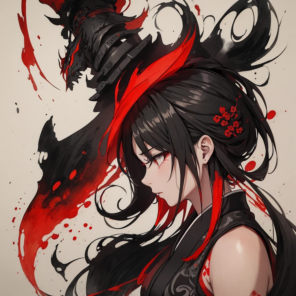 ((ink painting)), ancient japanese, black, red.