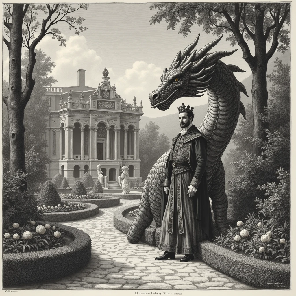 nobleman with a dragon by his side in his palace garden, engraving, 1700's