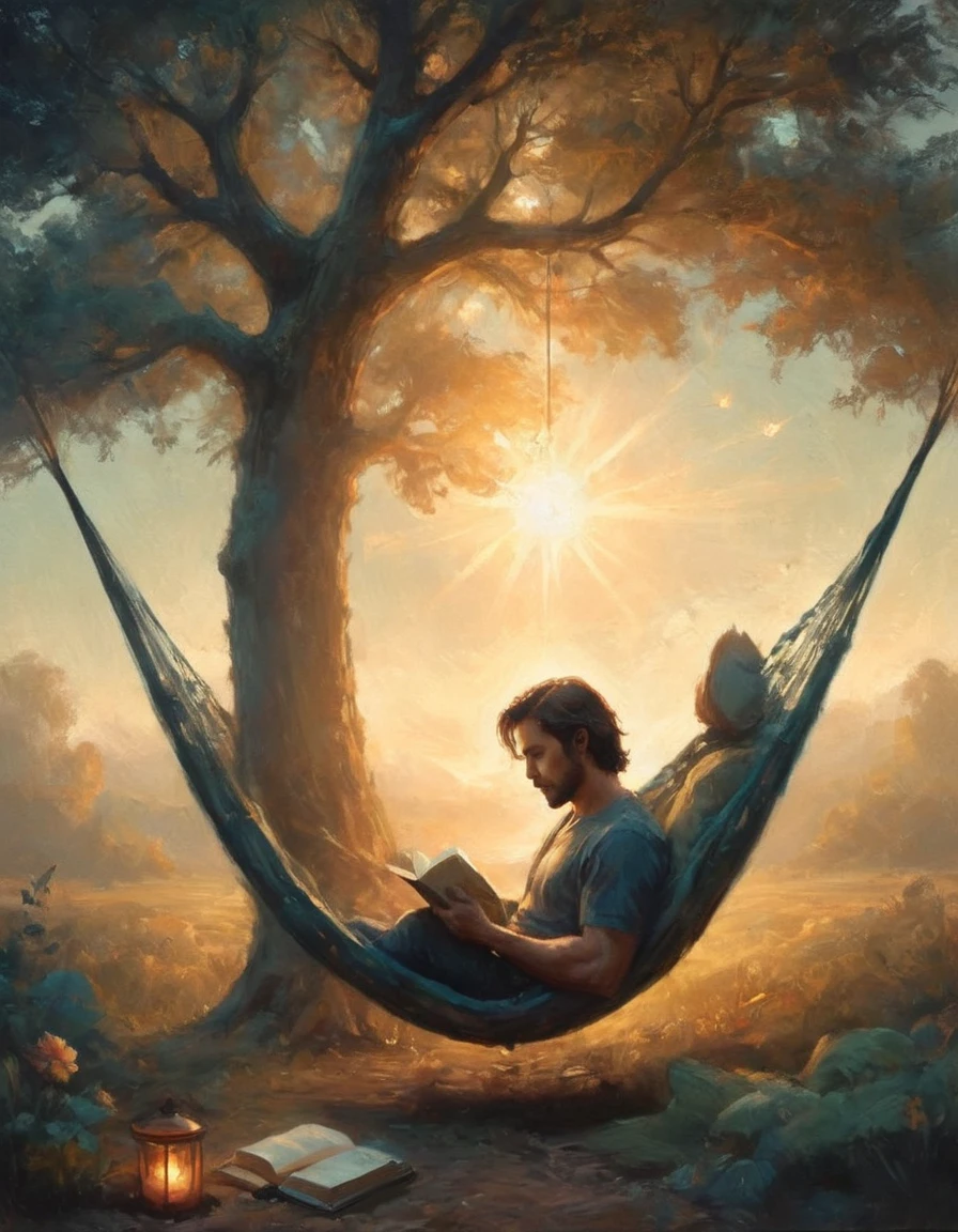 Hyperreal digital art style, "Fairytale", fantasy world coming out of centered book, open book, hyperdetailed double exposure fantasy illustration, masterpiece, cinematic, by Andreas Lie, Luke Gram, photorealism, backlit, gorgeous light, a man with long hair resting in a hammock reading a book
