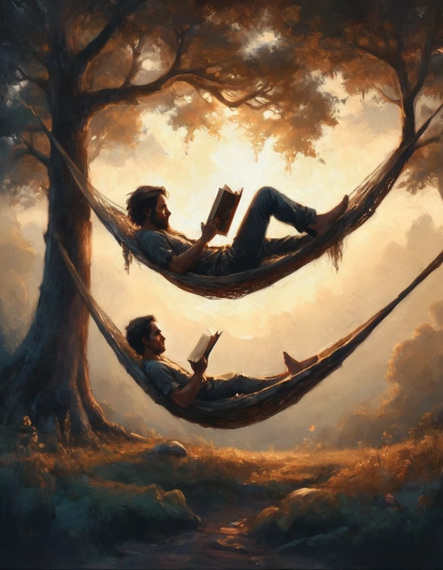 Hyperreal digital art style, "Fairytale", fantasy world coming out of centered book, open book, hyperdetailed double exposure fantasy illustration, masterpiece, cinematic, by Andreas Lie, Luke Gram, photorealism, backlit, gorgeous light, a man with long hair resting in a hammock reading a book