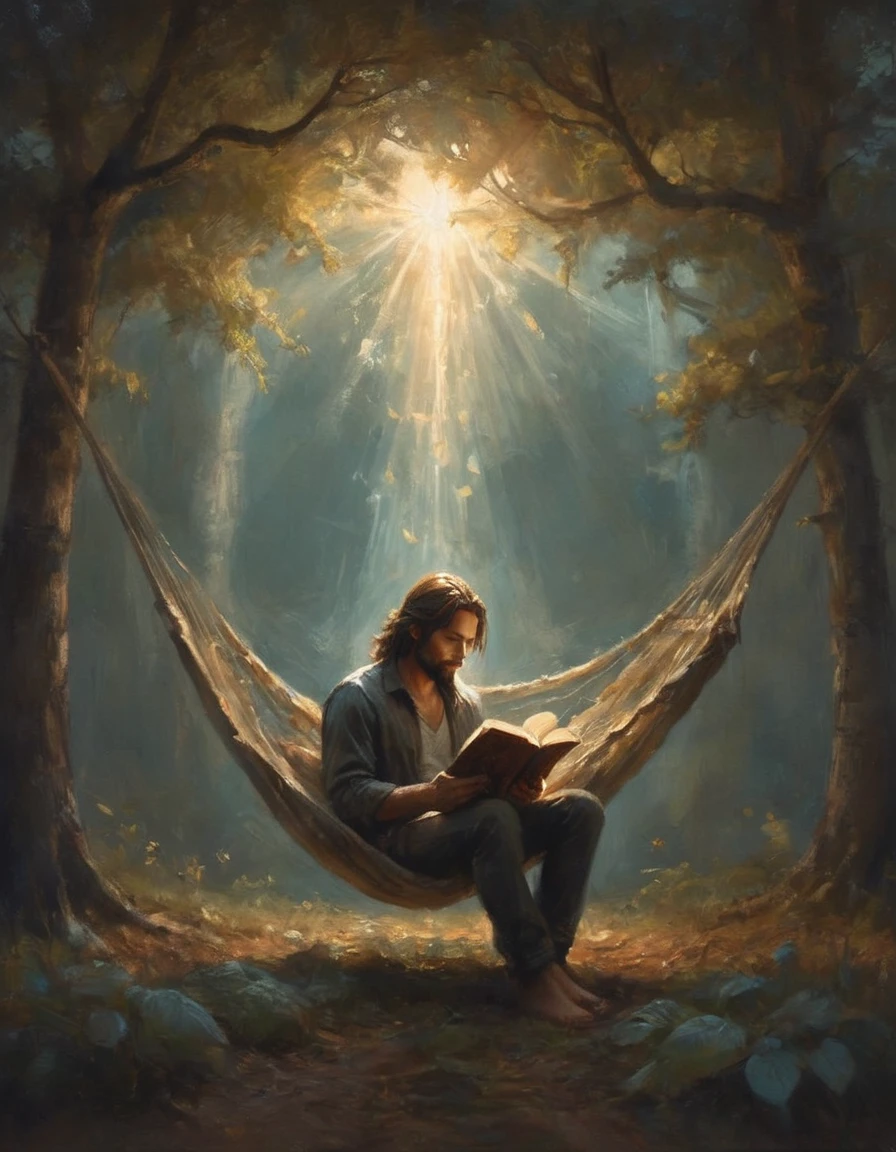 Hyperreal digital art style, "Fairytale", fantasy world coming out of centered book, open book, hyperdetailed double exposure fantasy illustration, masterpiece, cinematic, by Andreas Lie, Luke Gram, photorealism, backlit, gorgeous light, a man with long hair resting in a hammock reading a book
