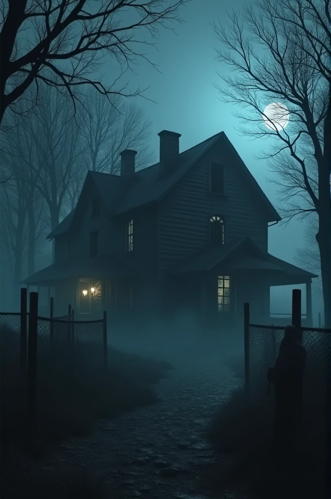 A dilapidated, old farmhouse at night, surrounded by leafless trees and dense fog. The house is almost entirely in darkness, with a single dim light glowing faintly from one of the windows. In the shadows near the house, a barely visible ghostly face with twisted features and piercing eyes emerges, blending into the darkness. The atmosphere is eerie and foreboding, with a sense of an ancient, malevolent presence lurking within the scene.