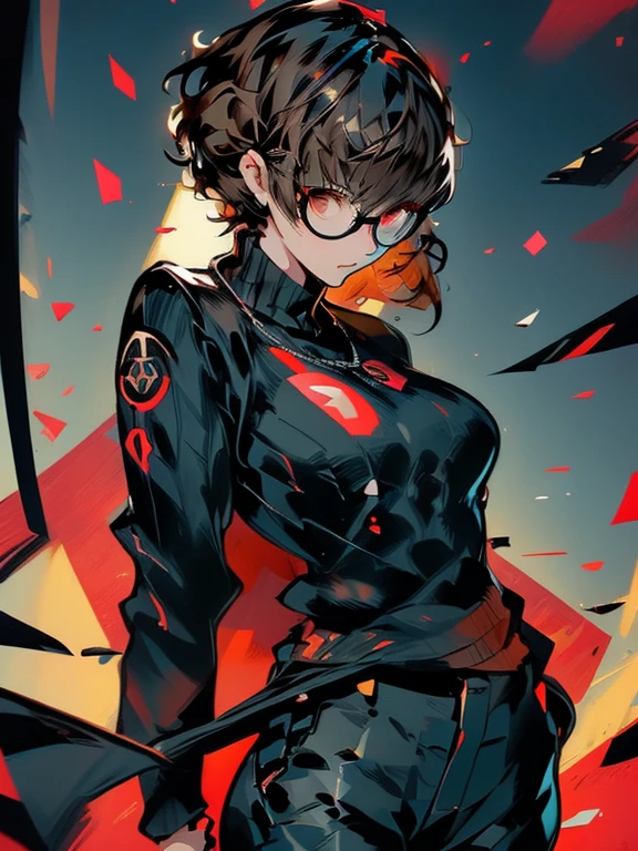 ((chibi)), big head, focus face, in the art style of persona5, (masterpiece:1.2, highest quality), (Realistic, photoRealistic:1.4), Beautiful illustrations, (Natural Side Lighting, Cinema Lighting), Written boundary depth, Beautiful thighs staring at the viewer, 1 female, 20-year-old, alone, thin, slender, (huge breasts), short Hair, curly Hair, Forehead, Forehead, Forehead, Forehead, thin, slender, glasses, ((Skinny black pants, sweater)), Are standing, (((glasses))), ((Close-up)), ((Close-up)), ((Close-up))