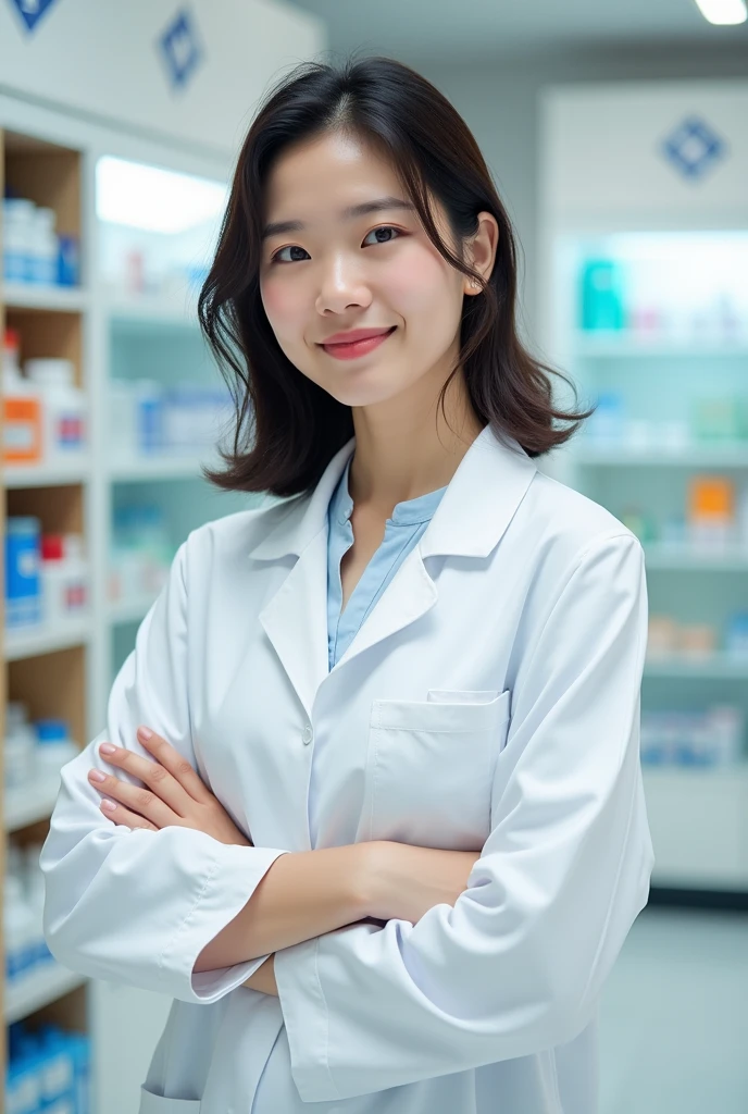 A portrait of a Vietnamese pharmacist with chin-length hair, standing and talking, looking straight ahead.