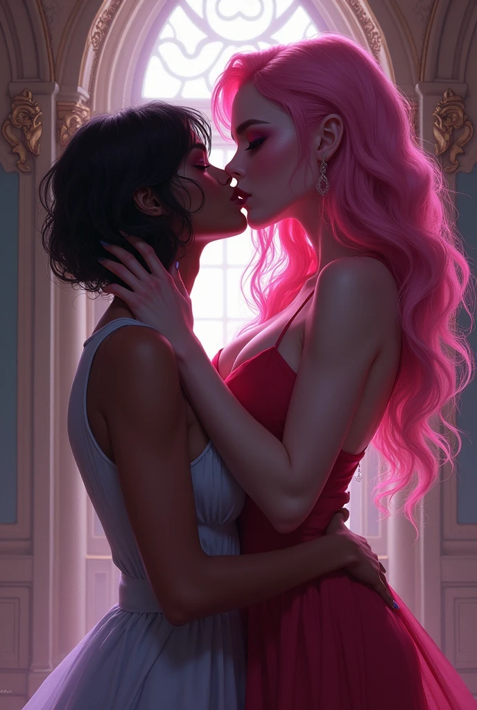Sexy pink hair girl, curly and long, with pink lips pink or violet eyes, kissing another dark-skinned dwarf girl , short black pixie haircut at a catholic school 
