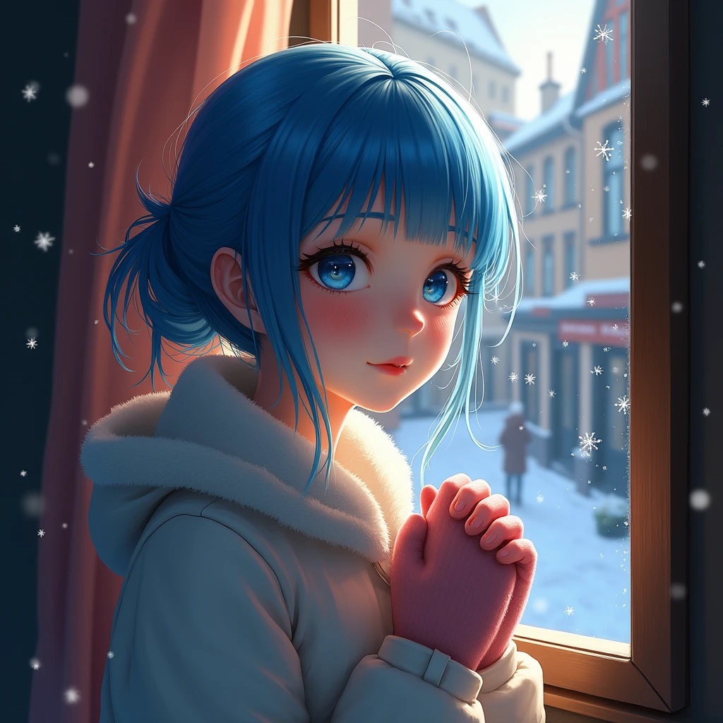 masterpiece, Highest quality, Perfect lighting, One person, Put your hands together、alone, Bright light, colorful, Blue Hair, Long Hair, blue eyes, snow, blush, Mittens, European city road、Window light