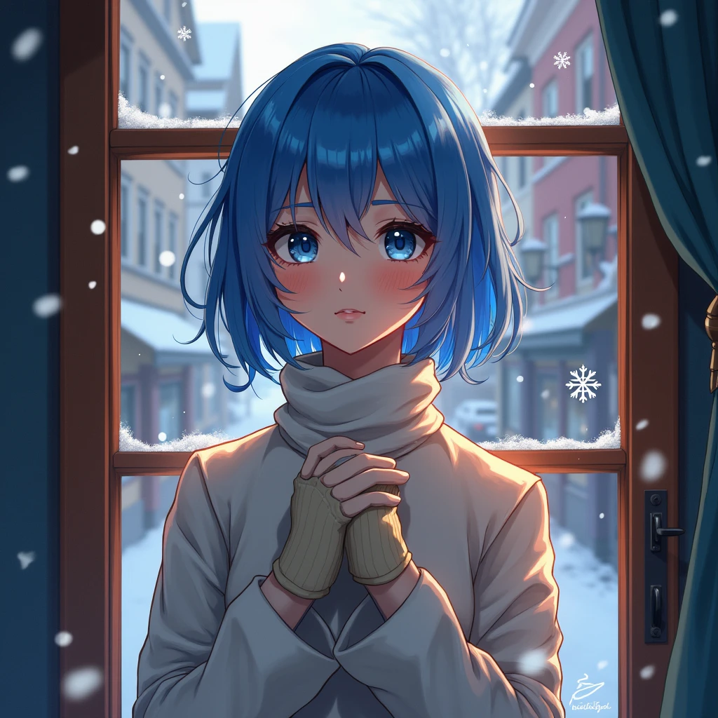masterpiece, Highest quality, Perfect lighting, One person, Put your hands together、alone, Bright light, colorful, Blue Hair, Long Hair, blue eyes, snow,  blush, Mittens, European city road、Window light