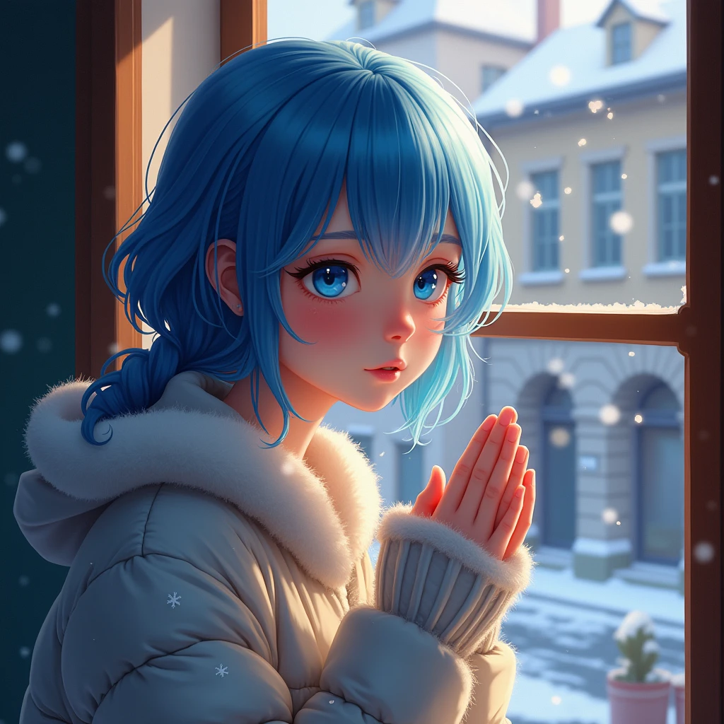 masterpiece, Highest quality, Perfect lighting, One person, Put your hands together、alone, Bright light, colorful, Blue Hair, Long Hair, blue eyes, snow, blush, Mittens, European city road、Window light