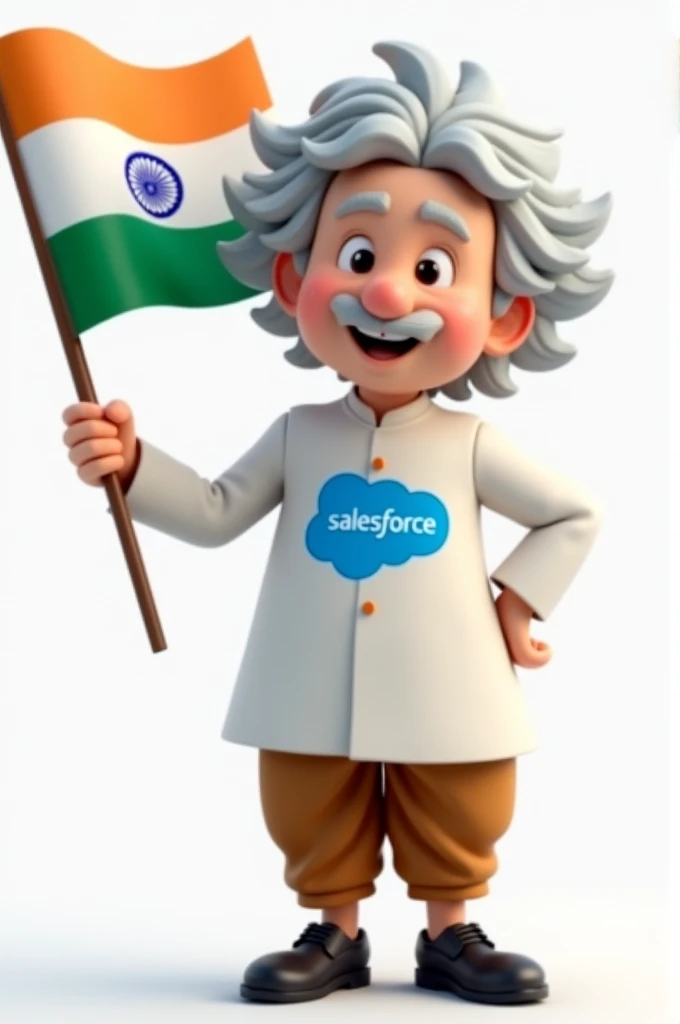 Salesforce Einstein mascot wearing white kurta with Salesforce logo on it and brown pant with black shoe, holding India flag in hand in 2d image