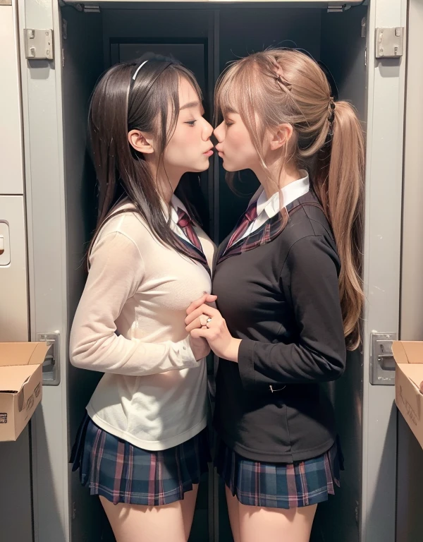 8k,masterpiece,Japanese,best quality, two (schoolgirls:1.4), kissing, (crowded box:1.5), (reluctantly:1,6), (blush:1.3), (:1.1)