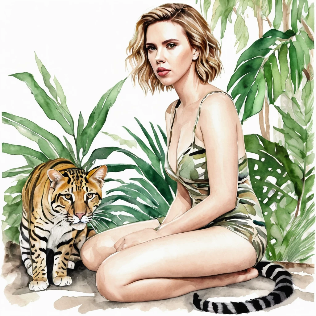 nude Scarlett Johansson with jungle cats, full body, drawing, loose, outline, simple hatching, art style watercolor, hyperrealism, art style olivia
