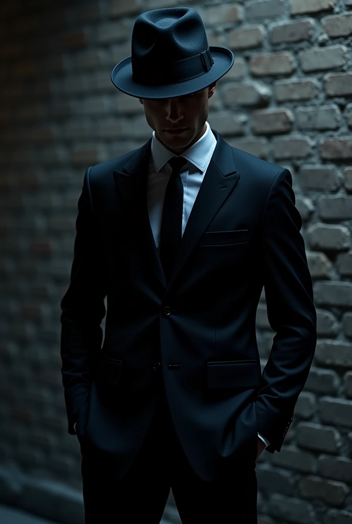 Please create a book cover mock up, that the book can be seen in 3D, As an image it is a background of a dark brick wall in a night environment with a dim light where there is a mysterious man, seen from the torso up, Elegantly dressed in a black suit and a black hat covering his eyes giving him a mysterious appearance, where you can only see the face from the nose down.