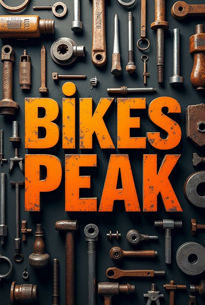 Very large orange Bikes Peak text, real english tool collage background.